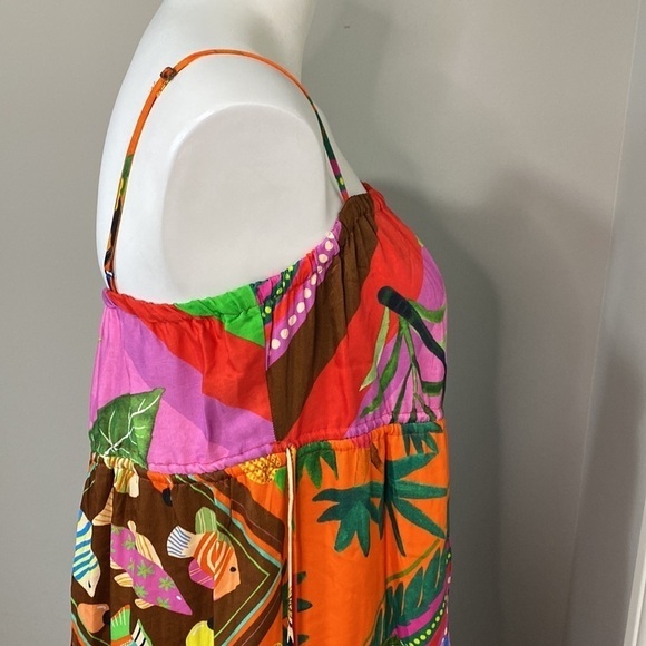 Farm Rio Anthropologie Dress Palila Tropical Printed Fringe Casual Midi Sz S NEW - Picture 10 of 16